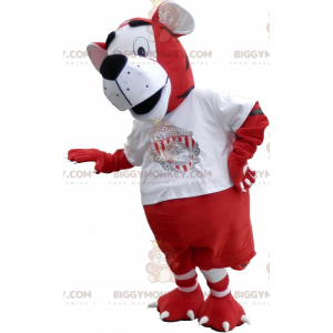 Traje de mascote Tiger BIGGYMONKEY™ em roupa esportiva vermelha