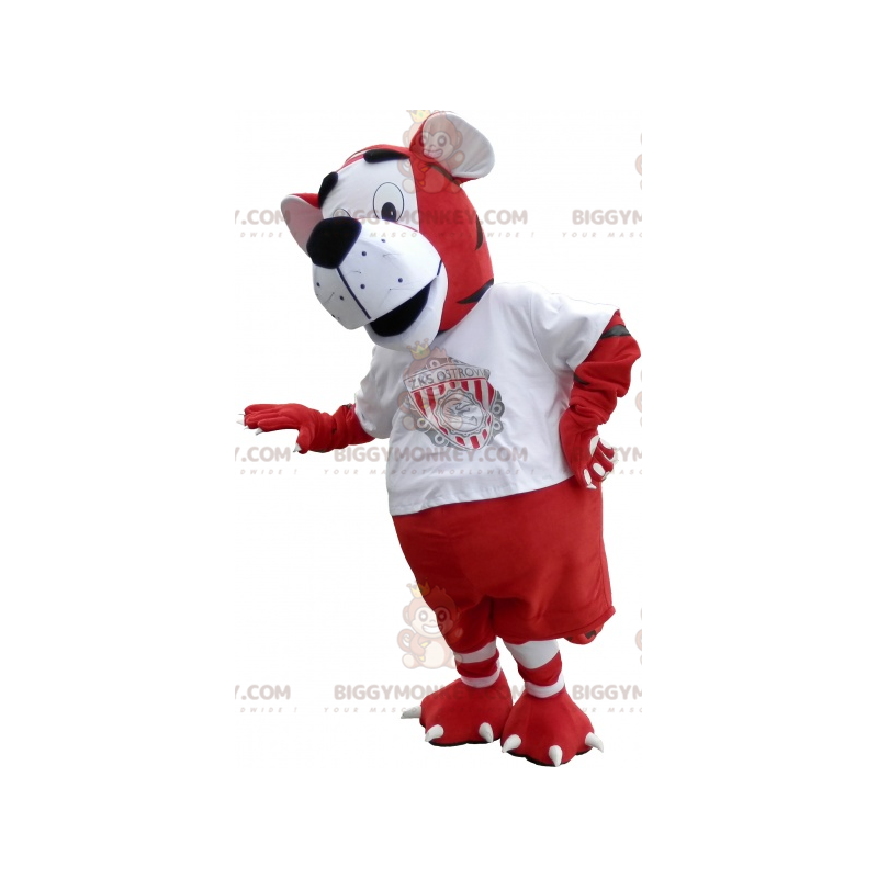 Tiger BIGGYMONKEY™ maskotdräkt i röda och vita sportkläder -