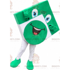Zábavně vypadající zelenobílý čtvercový kostým maskota