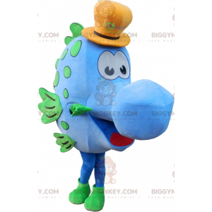 Blauwe vis BIGGYMONKEY™ mascottekostuum met gele hoed -