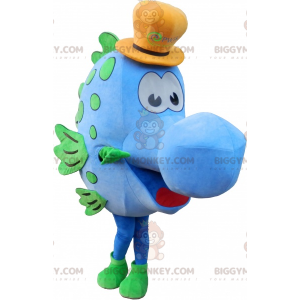 Blue Fish BIGGYMONKEY™ Mascot Costume with Yellow Hat –