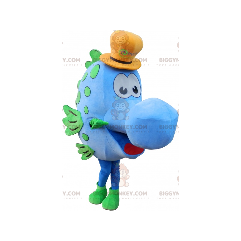 Blauwe vis BIGGYMONKEY™ mascottekostuum met gele hoed -