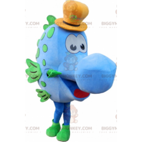 Blue Fish BIGGYMONKEY™ Mascot Costume with Yellow Hat –