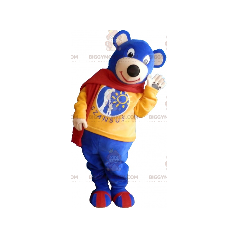 BIGGYMONKEY™-mascottekostuum van de kleine blauwe beer met rode