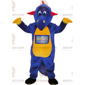 Costume de mascotte BIGGYMONKEY™ de dinosaure violet jaune et