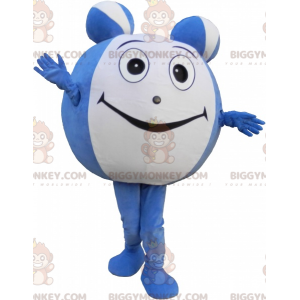 Στολή μασκότ BIGGYMONKEY™ γιγάντια μπλε και λευκή μπάλα.