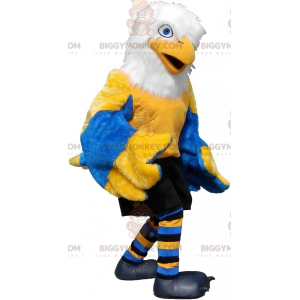 Costume de mascotte BIGGYMONKEY™ d'oiseau jaune blanc et bleu