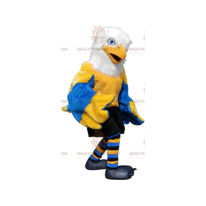 Costume de mascotte BIGGYMONKEY™ d'oiseau jaune blanc et bleu