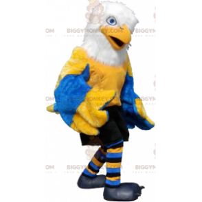 Traje de mascote BIGGYMONKEY™ Amarelo Branco Azul Pássaro Roupa