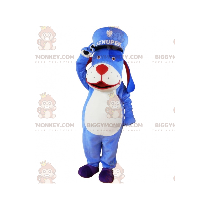 Fato de mascote BIGGYMONKEY™ de cão azul e branco com kepi.