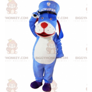 Fato de mascote BIGGYMONKEY™ de cão azul e branco com kepi.