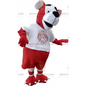 Tiger BIGGYMONKEY™ maskotkostume i rødt og hvidt fodboldtøj -