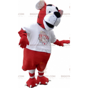 Tiger BIGGYMONKEY™ maskotdräkt i röd och vit fotbollsdräkt -