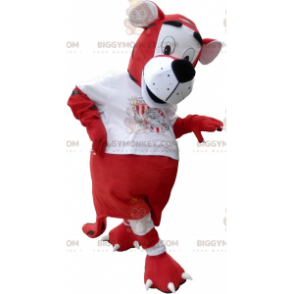 Tiger BIGGYMONKEY™-mascottekostuum in rood-witte voetbaloutfit