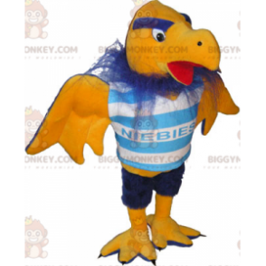 Traje de mascote BIGGYMONKEY™ de abutre amarelo e azul em