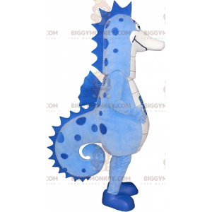 Traje de mascote gigante azul e branco de cavalo marinho