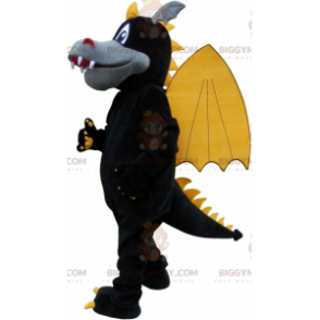 Traje de mascote de dragão alado preto cinza e amarelo