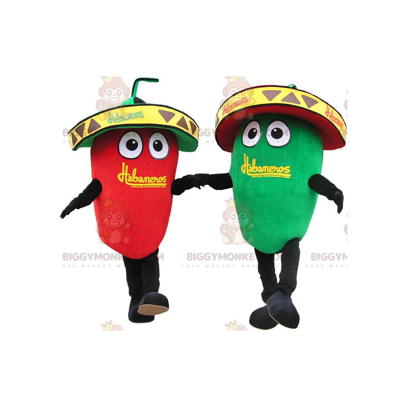 2 BIGGYMONKEY™s kæmpe grønne og røde chili-maskot. BIGGYMONKEY™