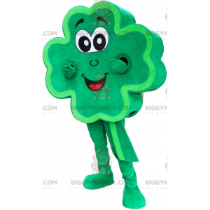 Traje de mascote de trevo de 4 folhas gigante verde sorridente
