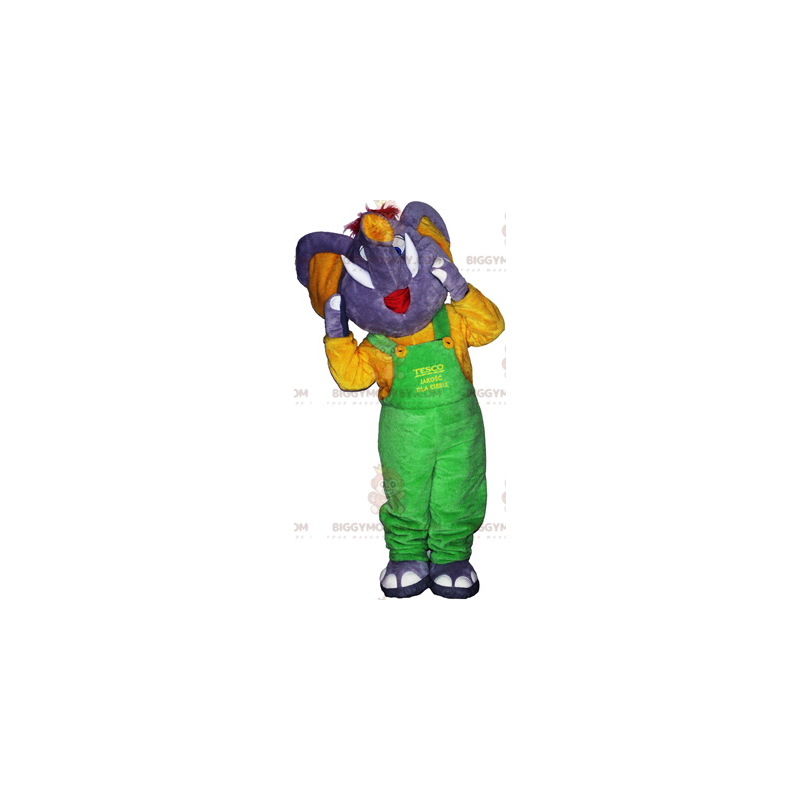 BIGGYMONKEY™ Mascot -asu, harmaa norsu ja neonvihreät haalarit