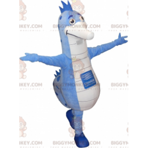 Kostium maskotka dużego niebiesko-białego konika morskiego