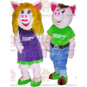 2 BIGGYMONKEY™s male and female pig mascots in colorful outfits