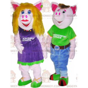 2 BIGGYMONKEY™s male and female pig mascots in colorful outfits