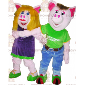 2 BIGGYMONKEY™s male and female pig mascots in colorful outfits