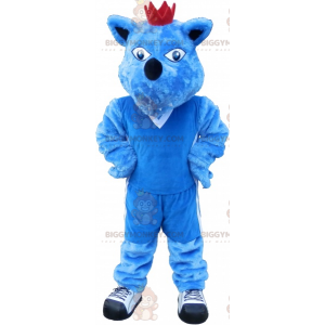 BIGGYMONKEY™ maskotdräkt blå hund med krona. Blue Animal