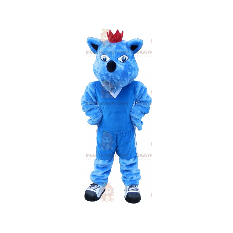 BIGGYMONKEY™ maskotkostume blå hund med krone. Blue Animal