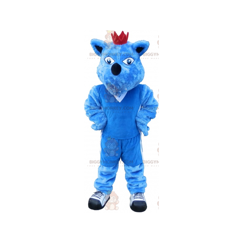 BIGGYMONKEY™ maskottiasu, sininen koira kruunulla. Blue Animal