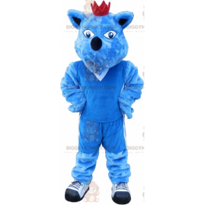 BIGGYMONKEY™ maskotkostume blå hund med krone. Blue Animal