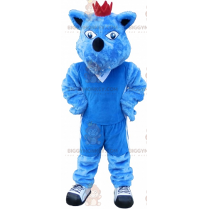 BIGGYMONKEY™ maskottiasu, sininen koira kruunulla. Blue Animal