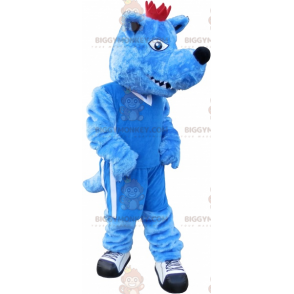 BIGGYMONKEY™ maskotkostume blå hund med krone. Blue Animal