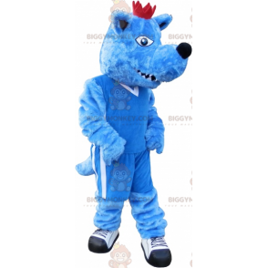 BIGGYMONKEY™ Maskottchenkostüm blauer Hund mit Krone. Blaues