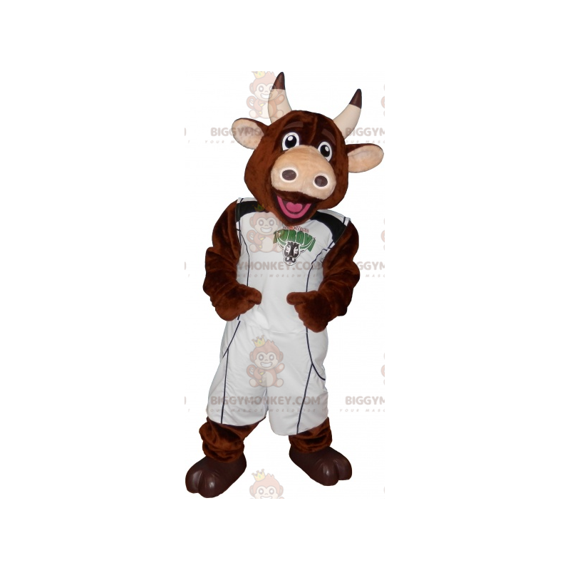 BIGGYMONKEY™ mascottekostuum met bruine koe en basketbaloutfit
